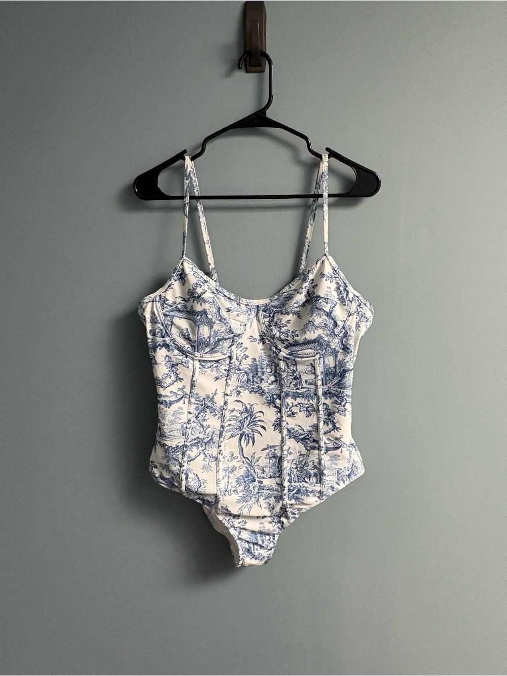 Blue Toile Corset-Style One-Piece Swimsuit/Bodysuit